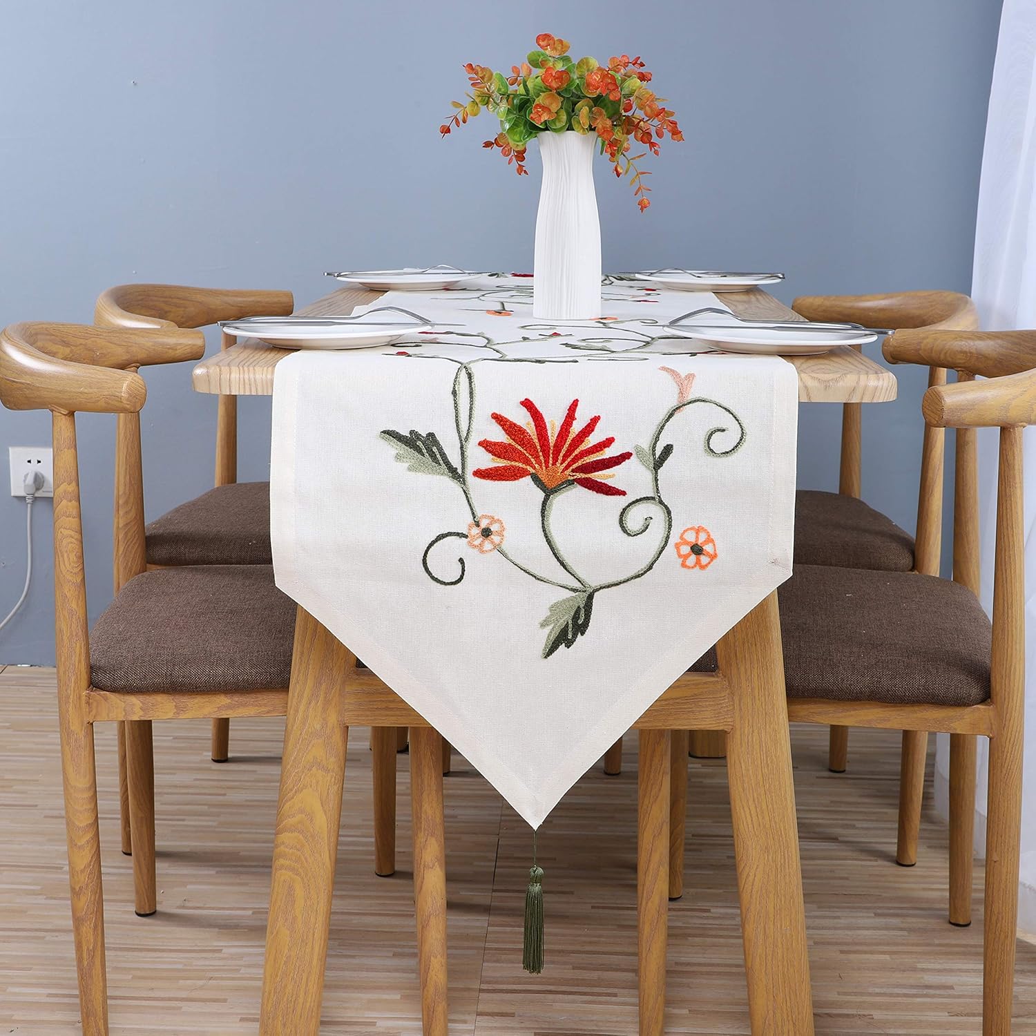 Ethomes Floral Embroidered Linen Cotton Burlap Beige 87 x 16 inches Approx Table Runner with Tassles: Home & Kitchen