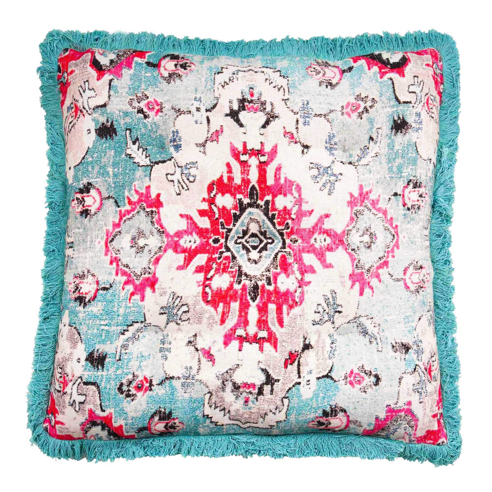 Mandala Life ART Square Meditation Cushion Cover with Fringes - 26 inches - Printed Vintage Blue Cotton Boho Chic Pillow Case