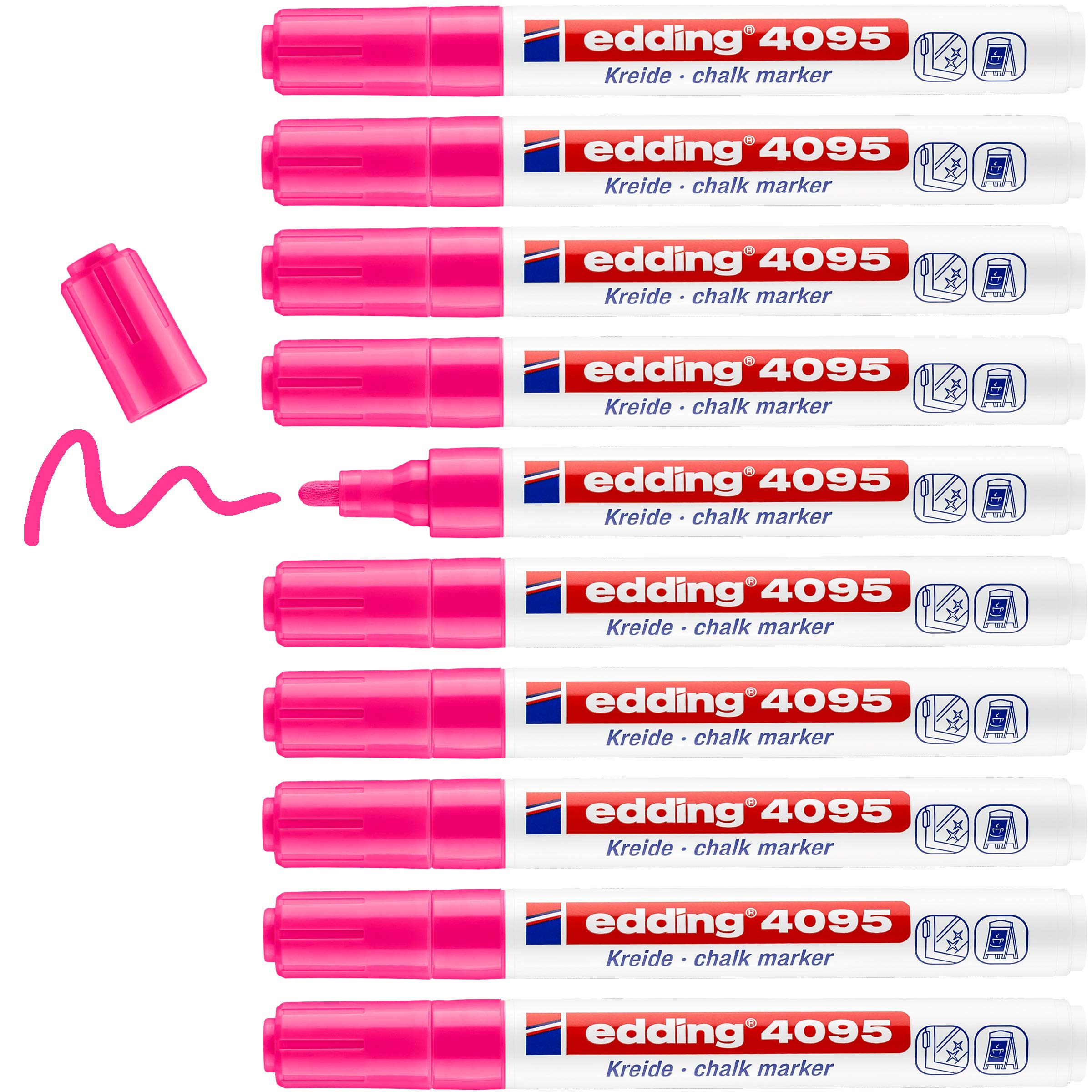 edding 4095 chalk marker - neon-pink - 10 chalk pens - round tip 2-3 mm - medium-tipped wet wipe pen for chalkboards, windows, glass, mirrors - liquid chalk marker pens for opaque coverage