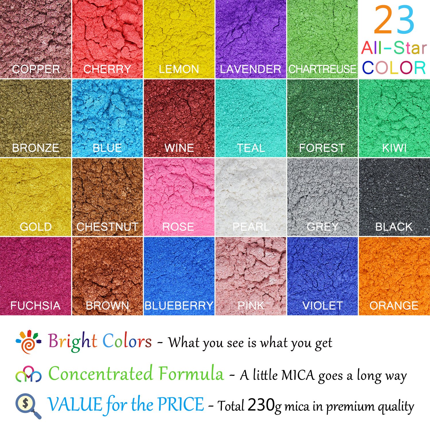 Epoxy Resin Color Pigment 23 Color(Total 230g) Mica Powder Pigment