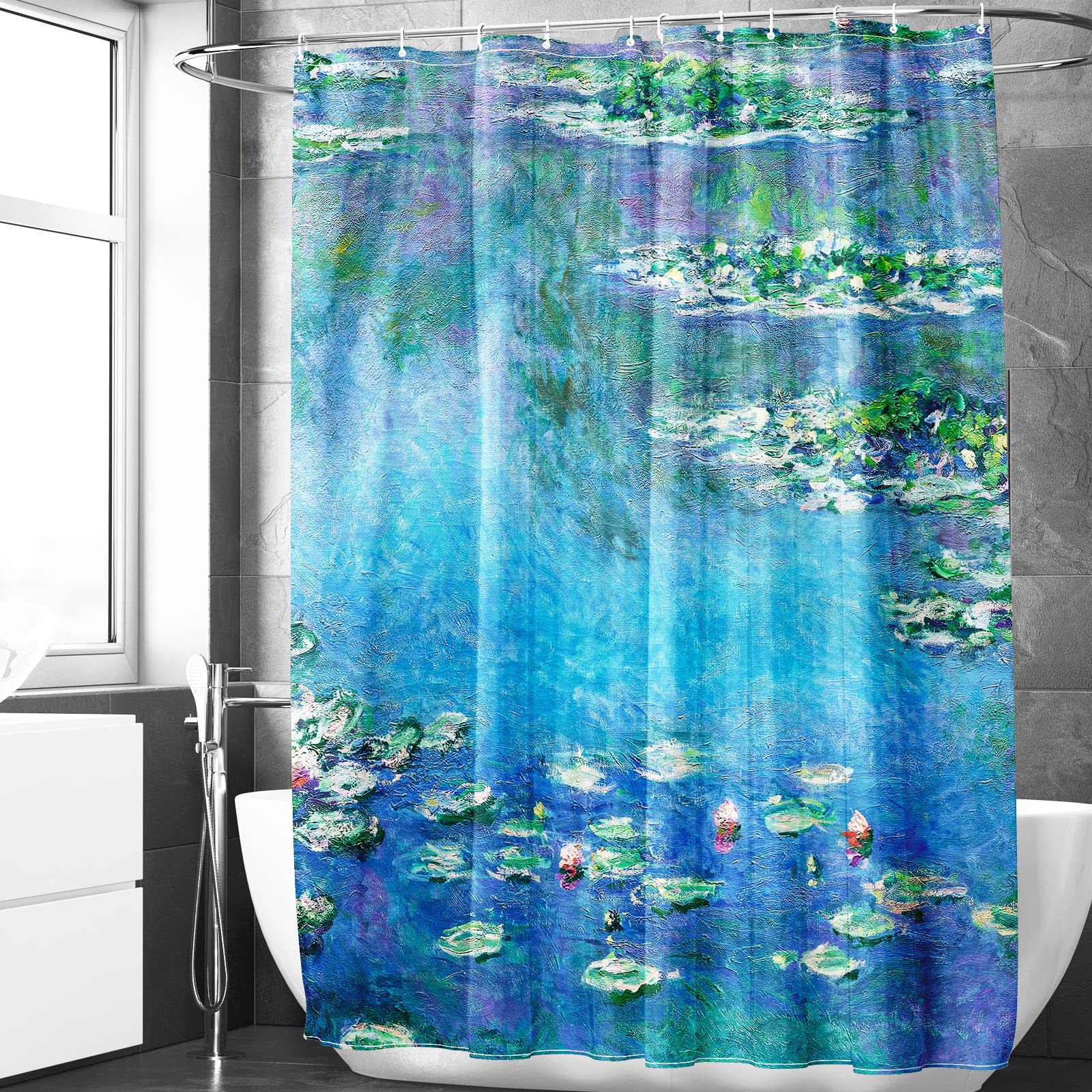 Berkin Arts Bathroom Shower Curtain Set 70x70 Inch Waterproof Polyester with Hooks Impressionism Washable Durable Teal (Water Lilies by Claude Monet)