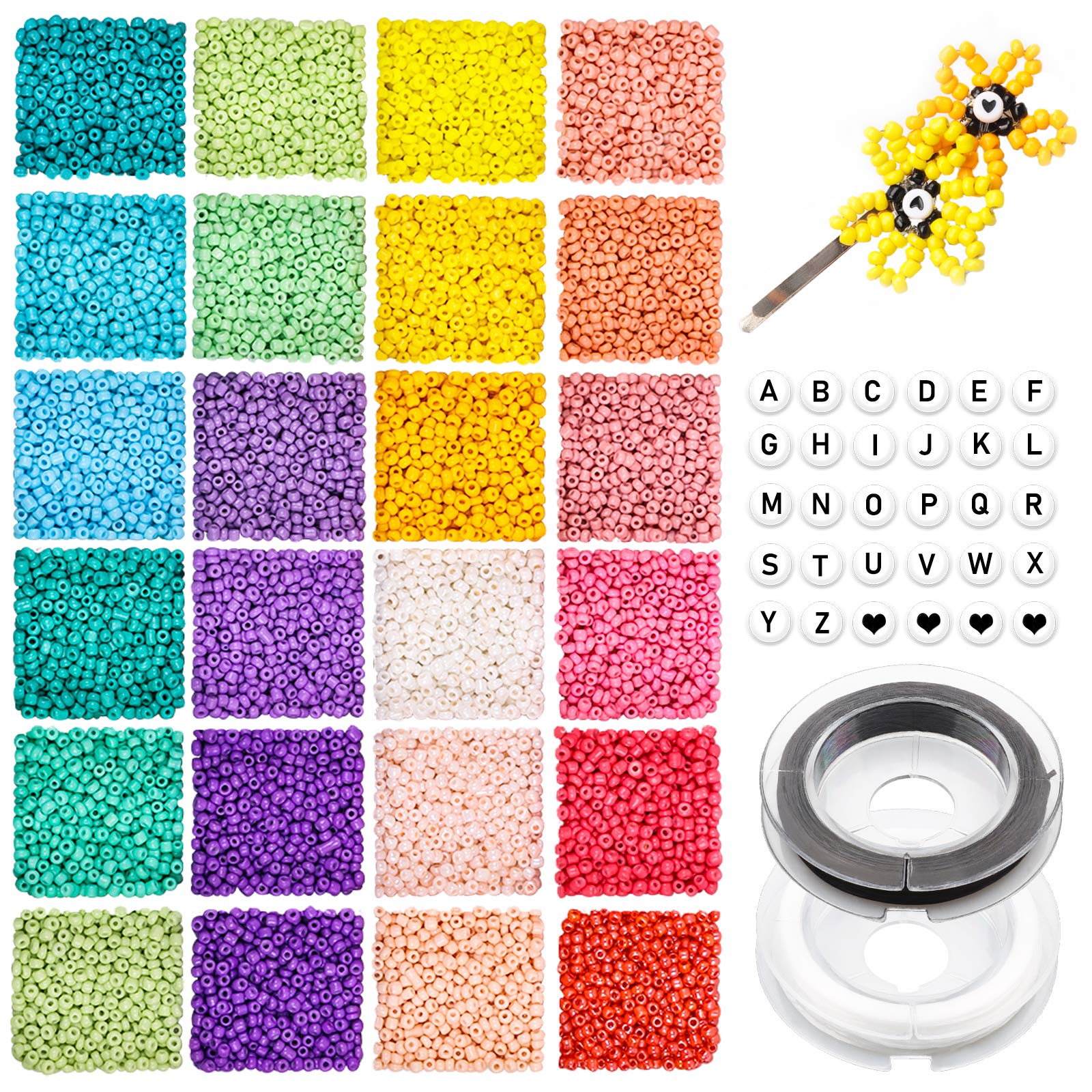 7200pcs 2mm Glass Seed Bead and 270pcs Letter Beads for Jewelry Making,Colorful Small Bracelets Beads with 2 Roll Elastic Strings for DIY Jewelry Making, Necklaces, Earrings and Decoration
