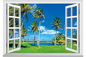 FLFK Fake Window Wall Sticker - Lawn by The Sea Faux Window Wall Mural for Wall Decor, Stick and Peel Wall Decals,24"x16"
