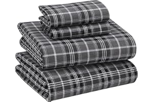RUVANTI Flannel Sheets Queen Size - 100% Cotton Double Brushed Bed Sheets, Deep Pockets 16 Inches Queen Sheet Set, All Seasons Breathable & Extra Soft - Warm & Cozy, 4 Piece, Grey Plaid