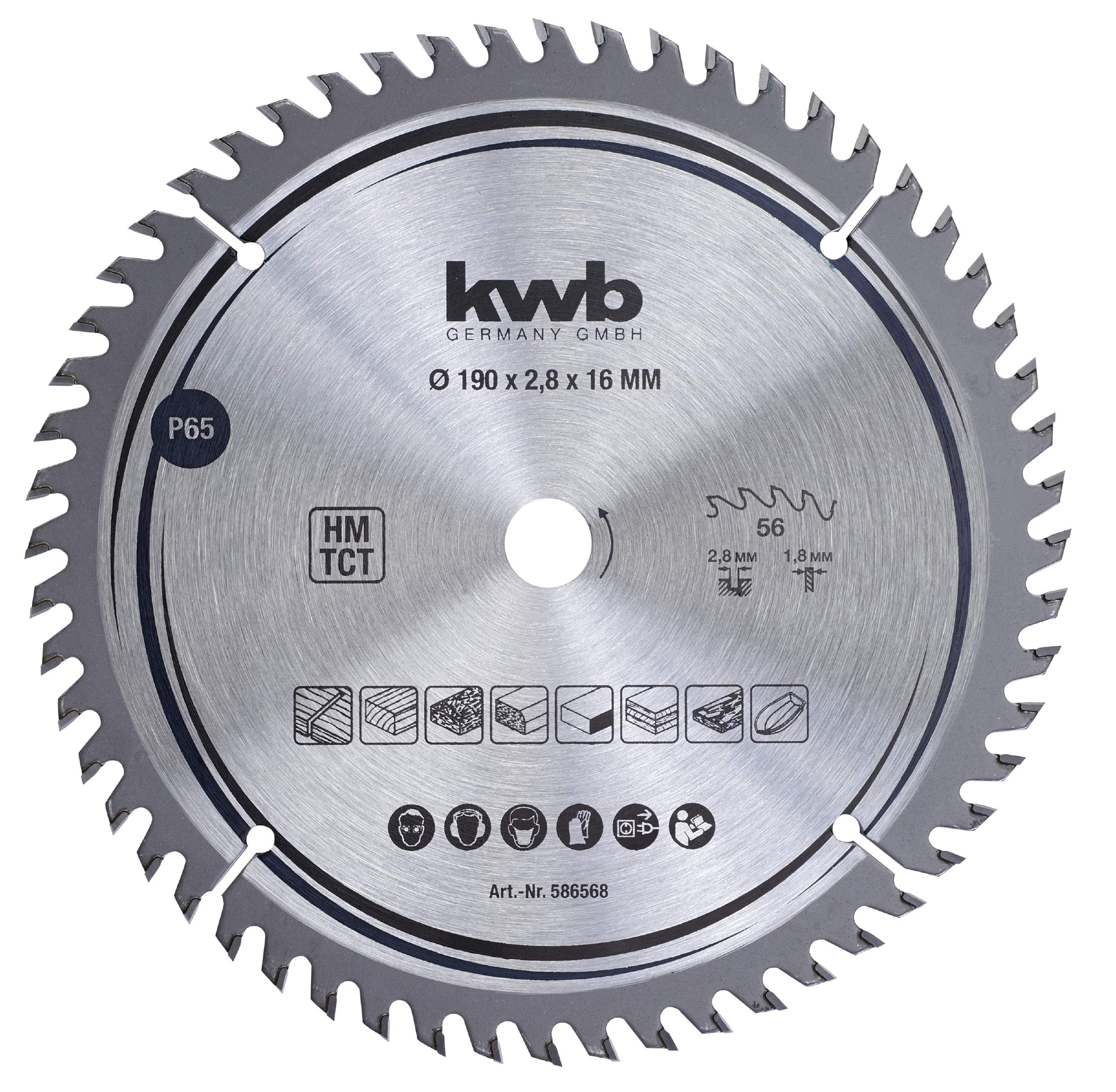 kwb 586568 Joiner's Circular Saw Blade, Wood/Hardwood, 190 x 16 mm cuts, high Number, 56 Teeth Z-56, Precision Saw Blade fine, 190 x 16