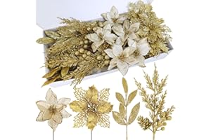 Winlyn 35 Pcs Christmas Artificial Poinsettia Flowers Picks and Artificial Leaves Sprays Gold Glitter Christmas Floral Picks for Gold Christmas Tree Holiday Centerpiece Wreath Garland Decorations