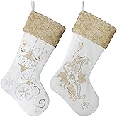 Valery Madelyn 21 Inches Christmas Stockings Decorations, 2 Pack White and Gold Stockings Embroidered in Gold Thread, Elegant Stocking Christmas with Name Tag for Fireplace Decor
