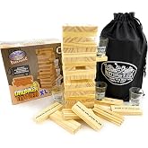 Mɑtty's Toy Stop Deluxe 60pc XL Wood Drunken Tower The Grab A Piece Drinking Game with Shot Glasses &amp; Storage Bag