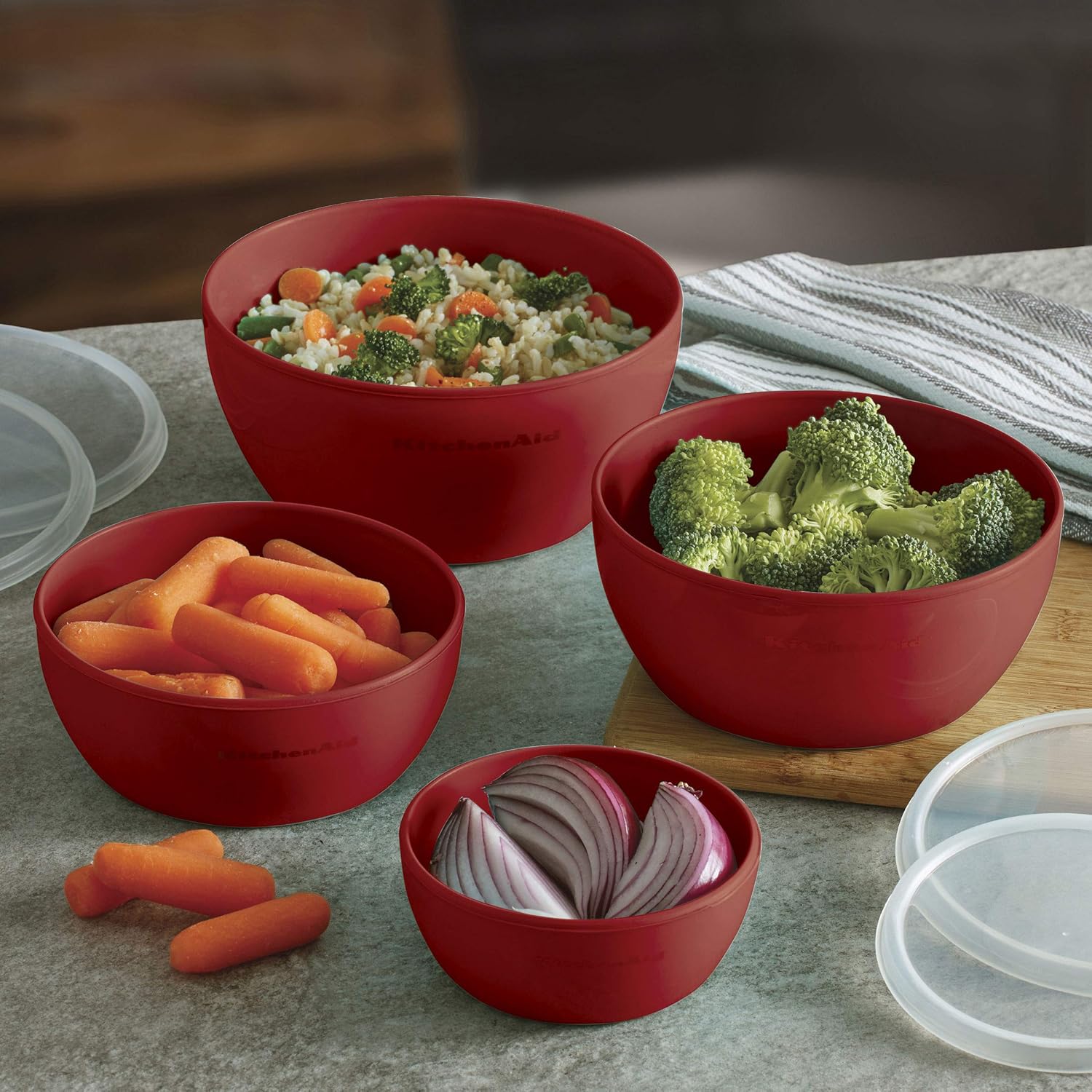 KitchenAid KE176OSERA Classic Prep Bowls with Lids, Set of 4, Empire Red: Kitchen & Dining