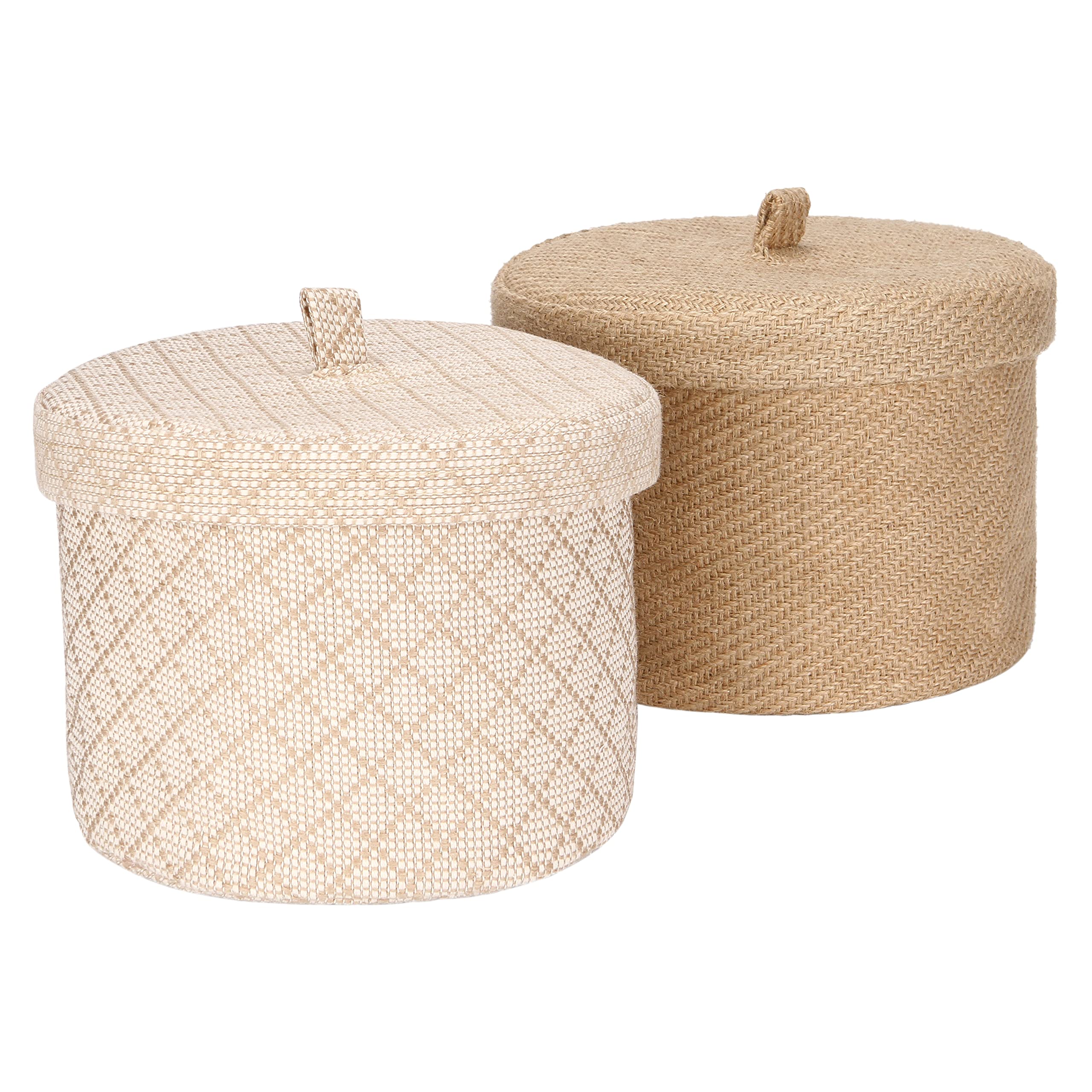 Sea Team 2 Pack Jute and Cotton Linen Storage Basket Cute Round Box for Toiletry Toy Sundry Item 5 Liters Desk Gadget Organizer with Lid(Medium B)