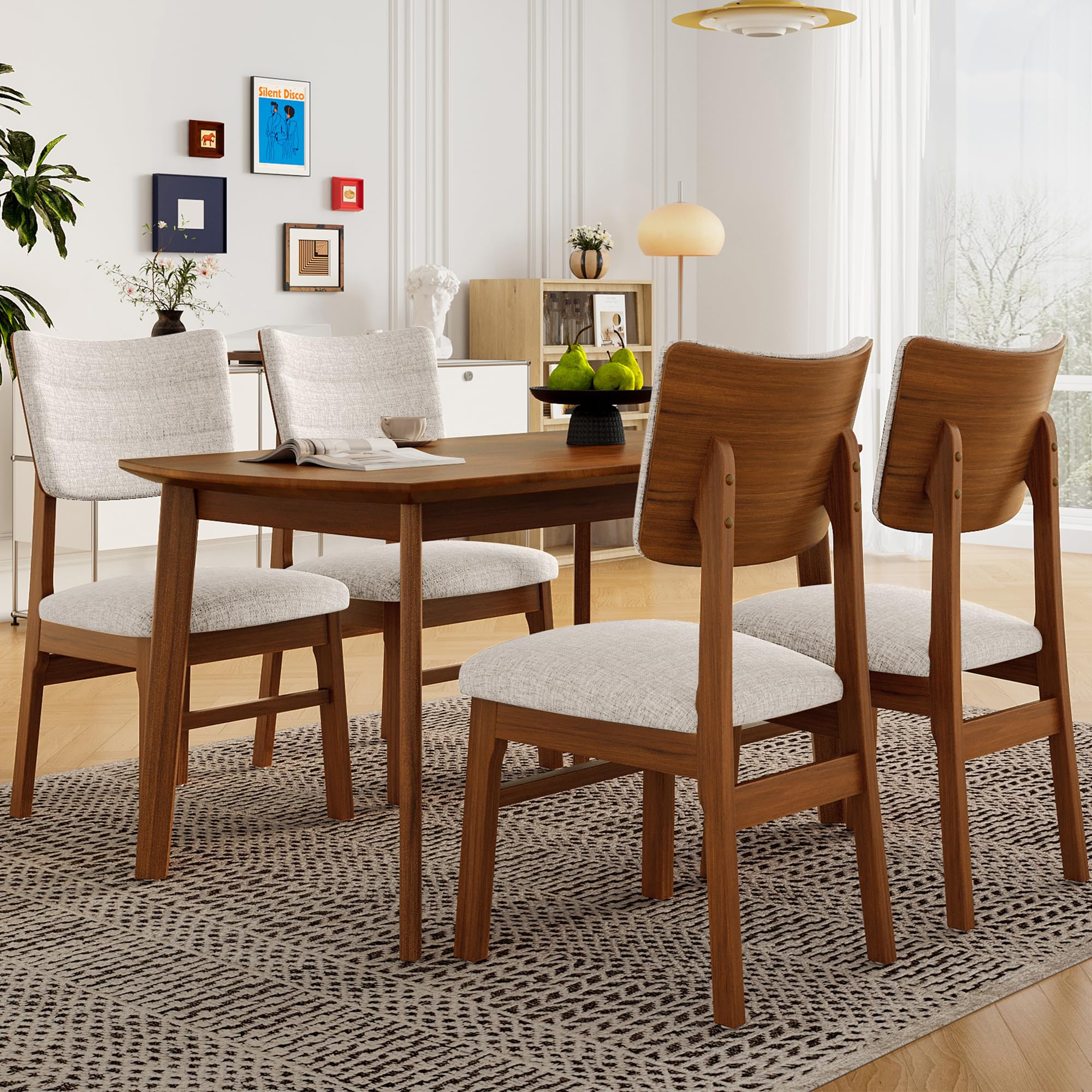 Photo 1 of **Partial set** Merax 5 Piece Solid Wood Dining Table Set, Farmhouse Mid-Century Modern Table & 4 Upholstered Chairs for Home, Kitchen, Apartment, Space Saving, Brown+Biege