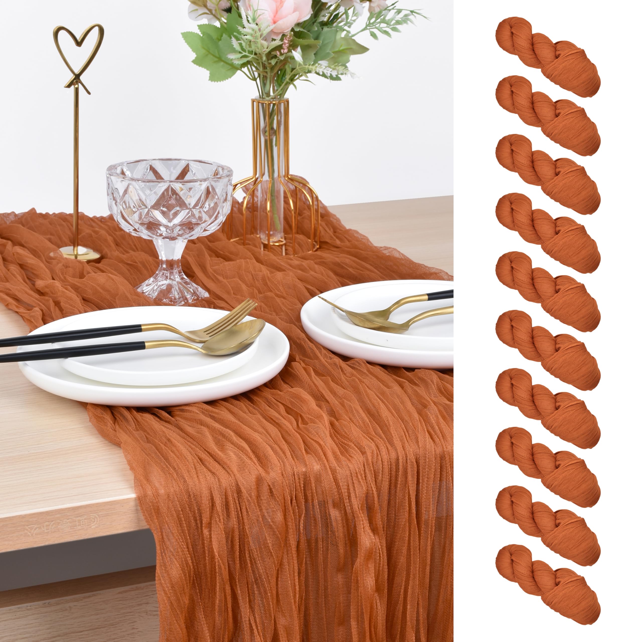 Joanlody Terracotta Cheesecloth Table Runner Christmas 10Ft Rustic Gauze Boho Cheese Cloth Table Runner for Wedding Bridal Baby Shower Decoration 10 Pack Image