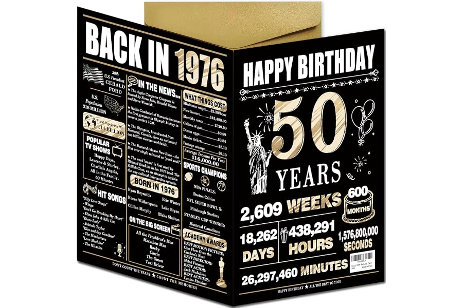 LiuuLi Happy 50th Birthday Card Gifts for Him Her, Cool 50 Year Old Birthday Gift Idea Decorations for Women Men, Large 10.6 x 7.9 Inch Black Gold Bday Cards for Dad Mom