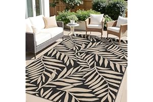 OLANLY Waterproof Outdoor Rug 5x8 ft, Reversible Outdoor Plastic Straw Rug with Leaf Pattern, RV Mat, Indoor Outdoor Carpet for Patio, Camping, Balcony, Deck, Backyard, Black & Beige