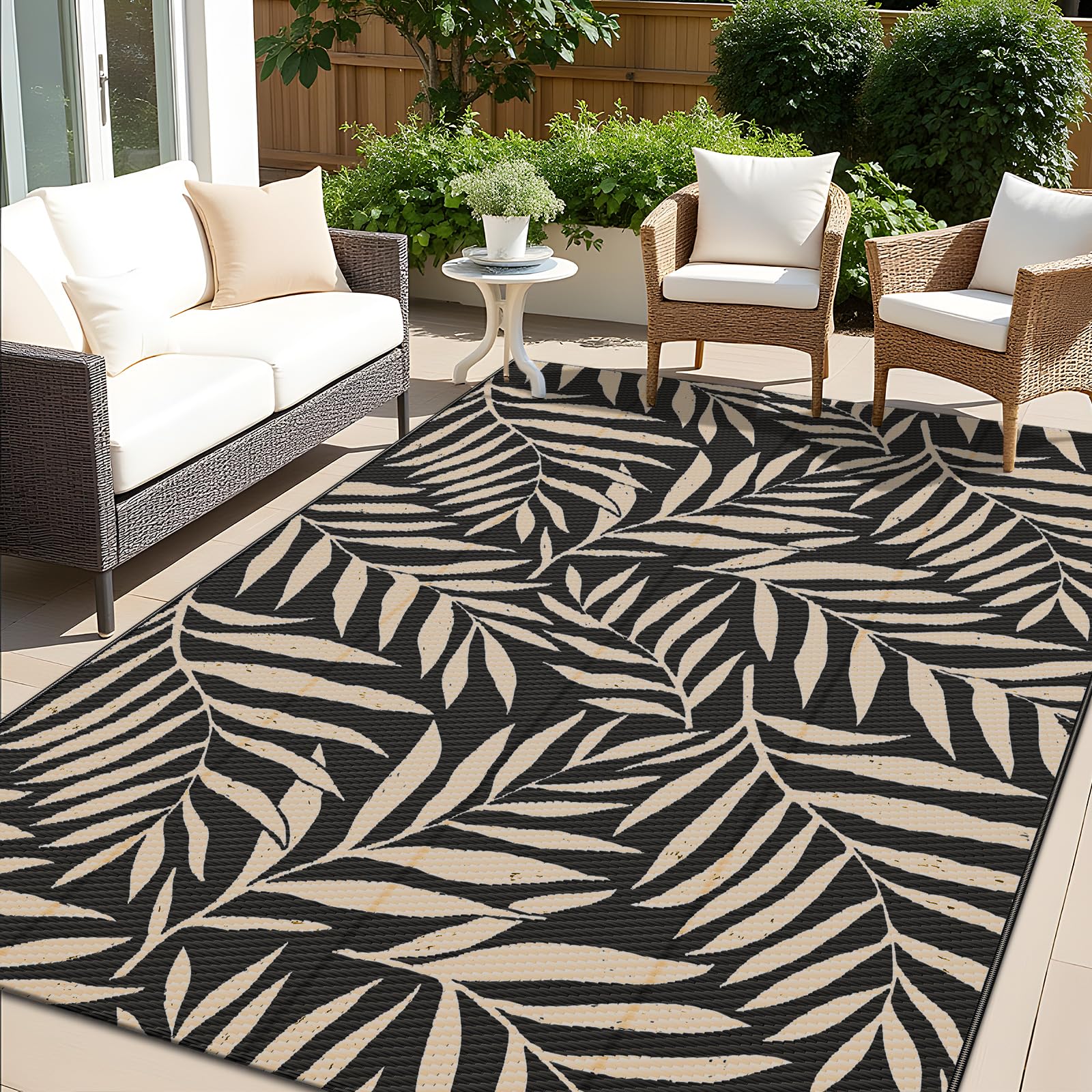 Photo 1 of OLANLY Waterproof Outdoor Rug 5x8 ft, Reversible Outdoor Plastic Straw Rug with Leaf Pattern, RV Mat, Indoor Outdoor Carpet for Patio, Camping, Balcony, Deck, Backyard, Black & Beige