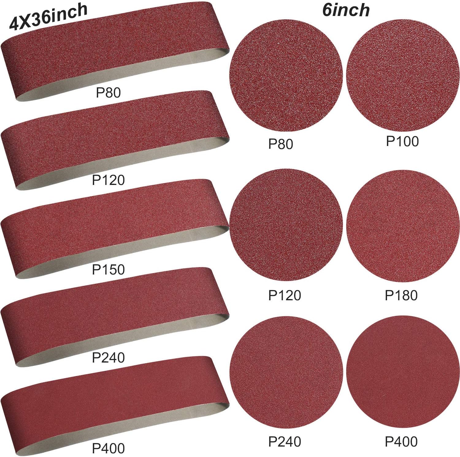 Aluminum Oxide Sanding Belts - 10 Pieces 4 x 36 Inch Sanding Belts (80/120/150/240/400 Grits) and 12 Pieces 6 Inch Self Stick No-hole Aluminum Oxide Sanding Disc (80/100/ 120/180/ 240/400 Grits) - - 