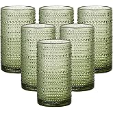 GDCCI 16oz Hobnail Drinking Glasses Set of 6, Vintage Large Capacity Embossed Green Tumblers, Highball Glasses for Water, Cocktail, Beer, Whiskey, Juice & Bar Use