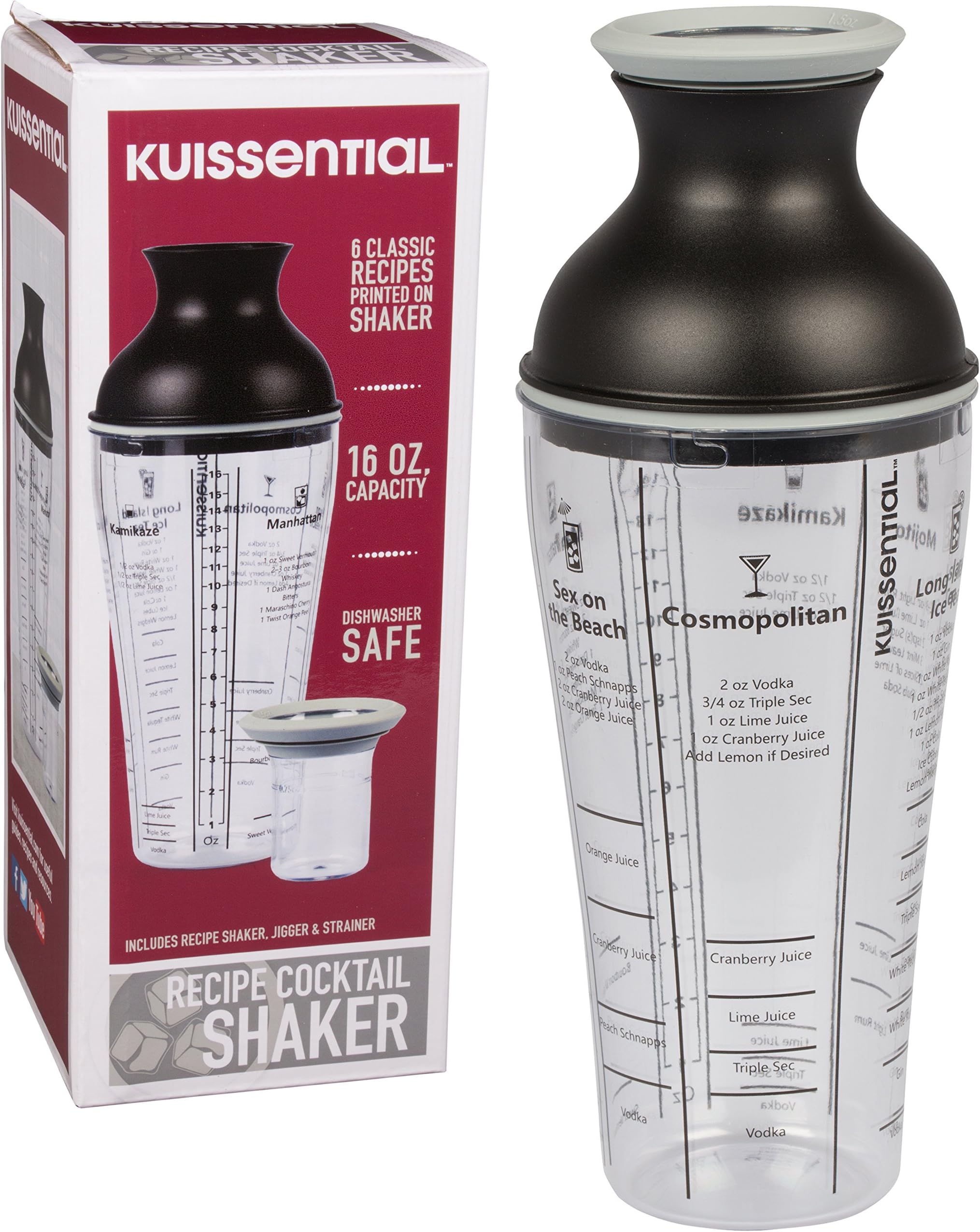 Recipe Cocktail Shaker 16oz with Jigger, Strainer 6 Printed Mixed Drink Recipe Measurements on the Bottle Long Island Ice Tea Mojito Kamikaze Manhattan Sex on the Beach, Cosmopolitan