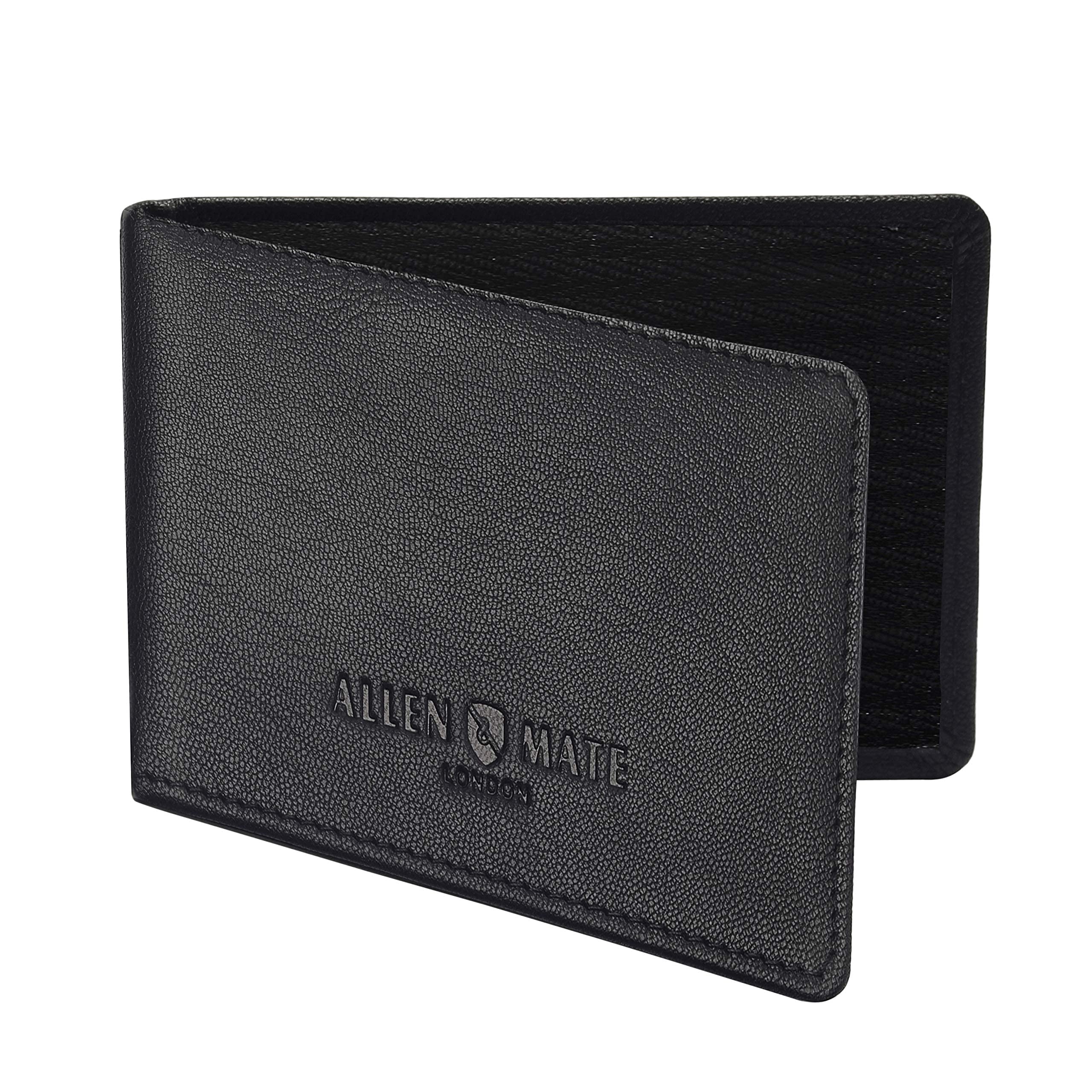 ALLEN & MATE 100% Leather Travel Card Holder - Slim Minimalist Wallet for Travel Bus Pass ID License Oyster Card for Men & Women (Black Premium)
