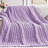 Negwoo Chunky Knit Throw Blanket, 30''*40'' Knitted Throw Chenille Yarn for Bed Couch, Handmade Light Purple Crochet Big Thick Blanket, Machine Washable Cute Comfy Blanket for Home Decor