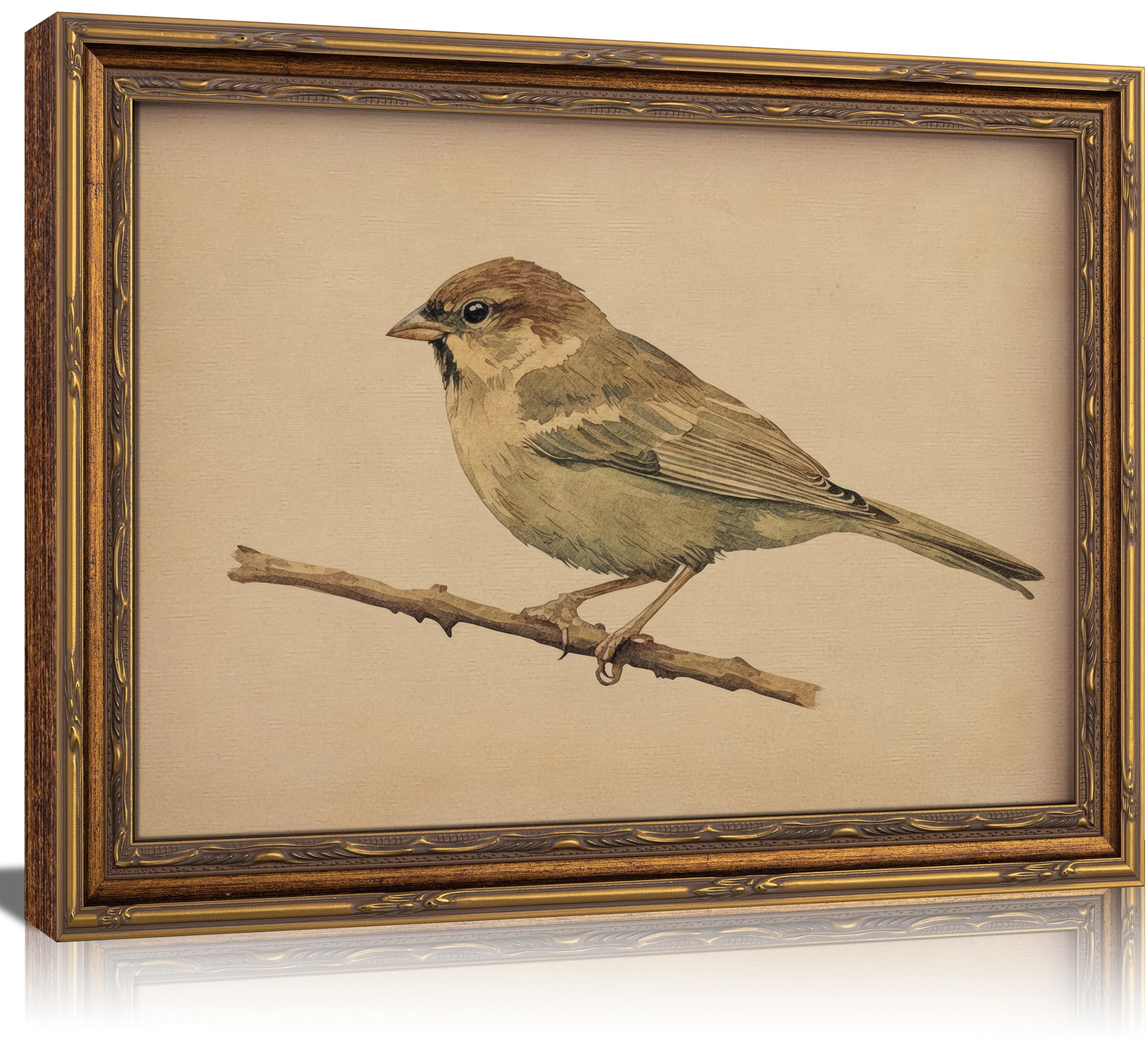 Photo 1 of Vintage Gold Framed Bird Wall Art Bird Beige Sparrow Painting Picture Wall Decor Sparrow on Branch Poster Print Artwork for Living Room Bathroom Bedroom Gallery Home Decoration