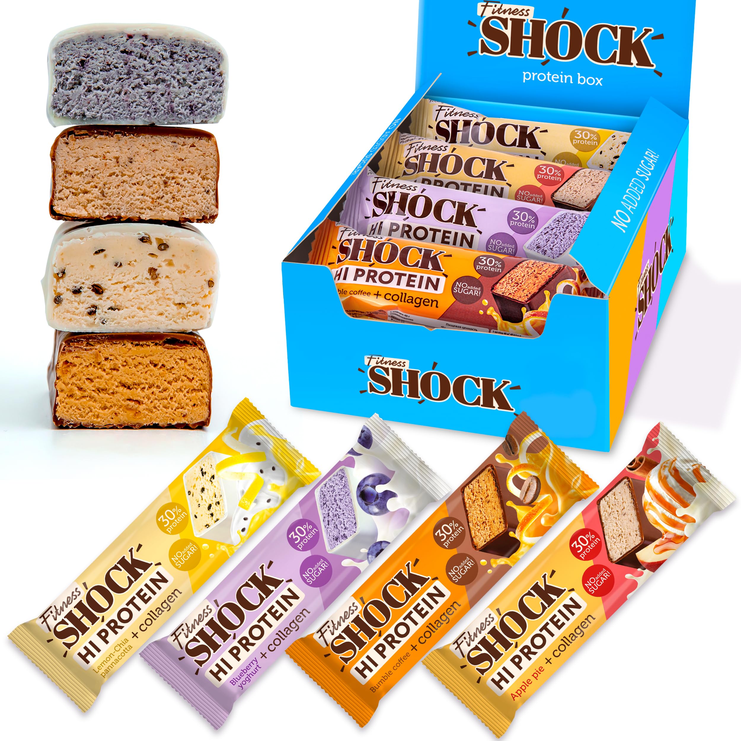 FitnesSHOCK High Protein Bar Mix Box, 12g Protein, Low Carb, No Added Sugar, 5g collagen, Fiber-Rich, Low Calorie 140 Kcal, 12x40g