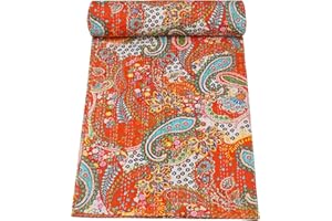 Marubhumi Indian Handmade Paisley Print Cotton Kantha Quilt (Orange, King (108"x 108"))