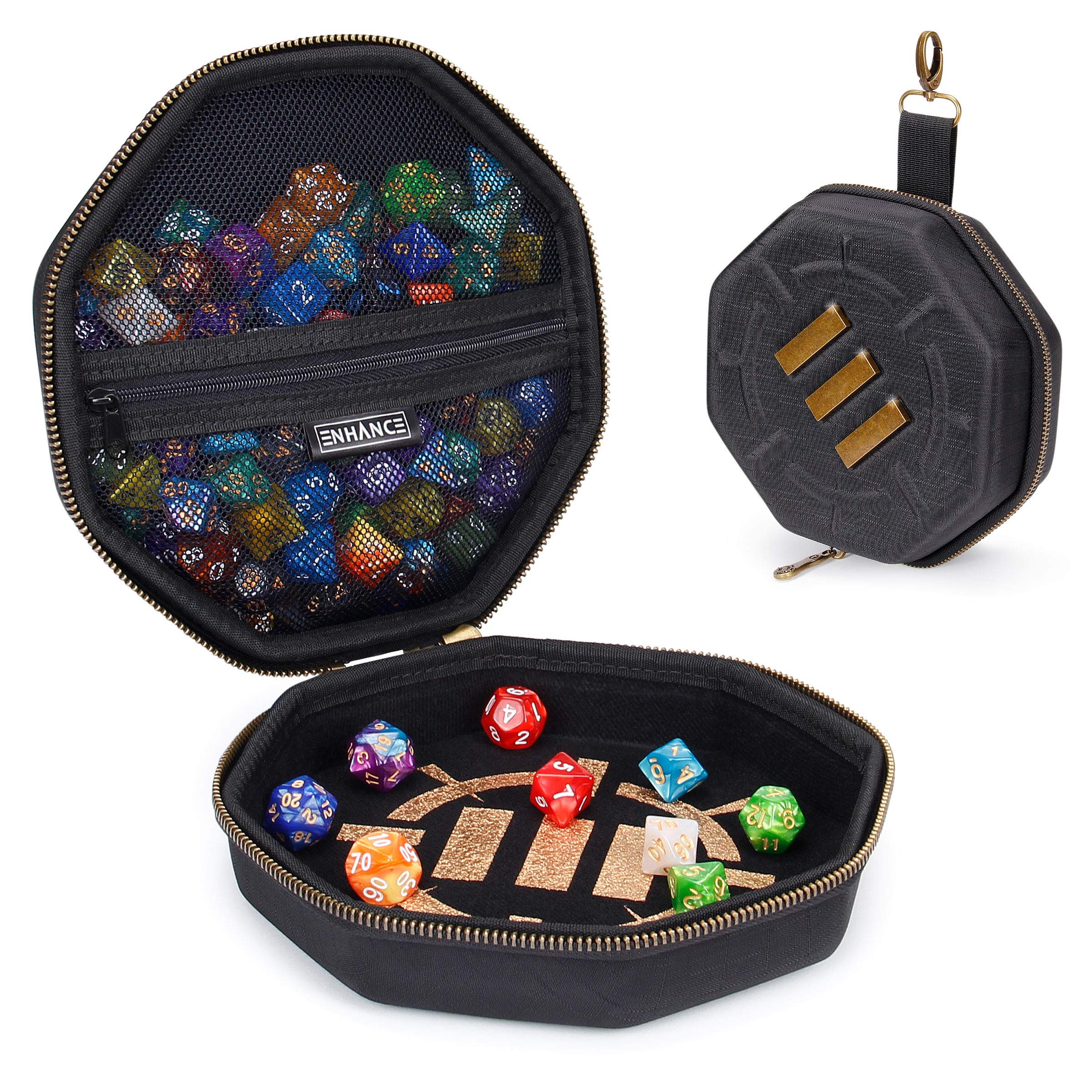 ENHANCE DnD Dice Tray and Case - DnD Dice Holder for up to 150 D&D Dice with Rugged Hard Shell Exterior and Protective Soft Interior - Rolling Tray Perfect for Game Night (Black)