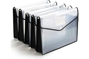 FANWU Plastic File Folder Poly Envelope Expanding File Wallet Document Folder with Snap Button Closure, Legal Size, 5 Pack Large Waterproof Accordion File Pouch (Transparent&Black)