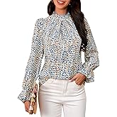 Womens Frill Mock Neck Boho Floral Tops Elegant Puff Long Sleeve Shirts 2025 Casual Vacation Outfits Work Blouse