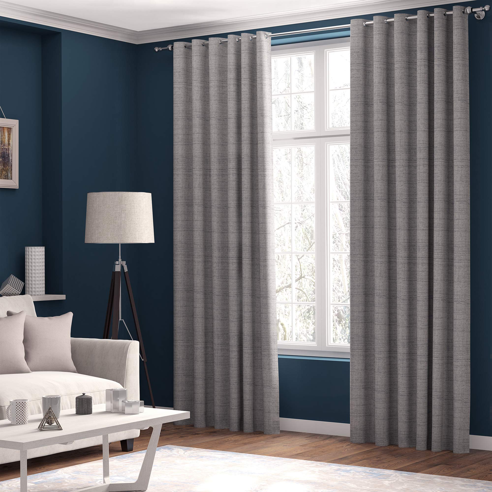 Curtains Faux Linen, Thermal Insulated, 3 Pass 100 % Blackout Eyelet Curtains, (2 Panels) Window Curtains/Panels/Drapes, 168 cm per Panel Width available in 3 drops (Silver, 66 x 54 inch 168 x 137 cm) — image 1