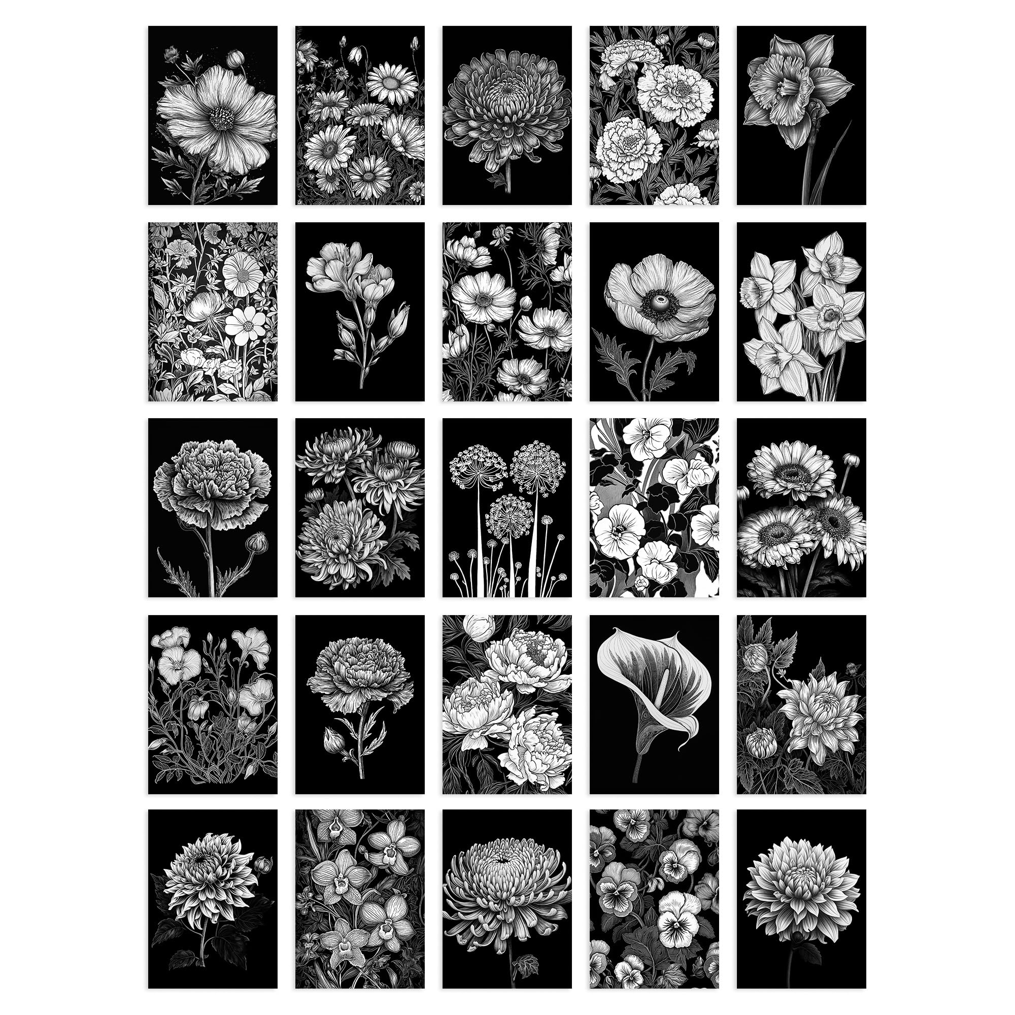 Artery8 50 Pcs Flower Floral Aesthetic Black White Collage Kit Wall Art Prints A6 Set Pack 14.8 x 10.5 cm (5.8 x 4.1) Wall Home Student Boy Girl Teen Room Elegant