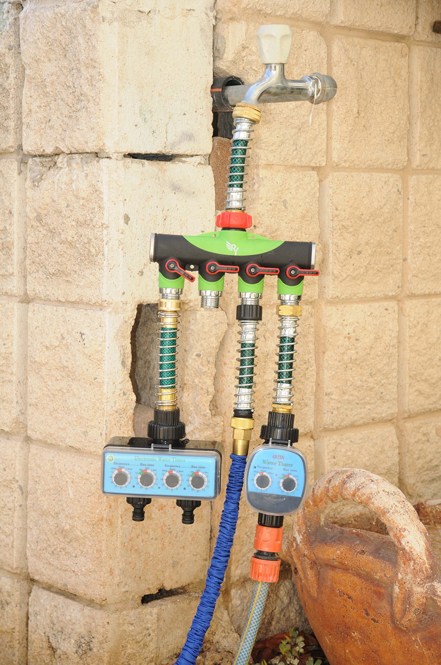 RAAYA 4 Way Hose Splitter With Short Garden Coil Hose Arthritis Friendly leak-proof Water Splitter Quick Switch Connector Ball Valve Rubber Washers Ultra High Flow at Four Outlets One Year Warranty