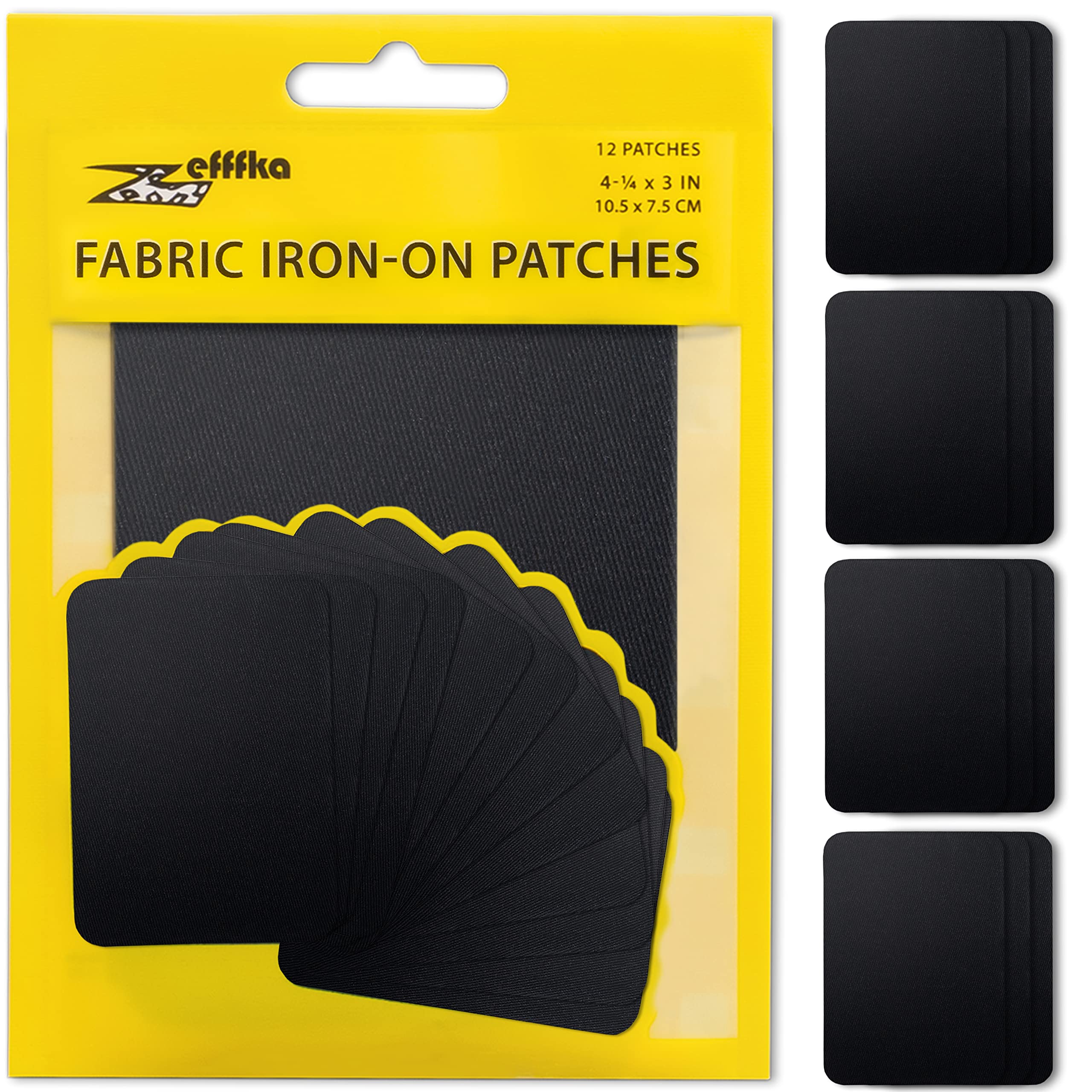 ZEFFFKA Premium Quality Fabric Iron-on Patches Inside & Outside Strongest Glue 100% Cotton Black Repair Decorating Kit 12 Pieces Size 3