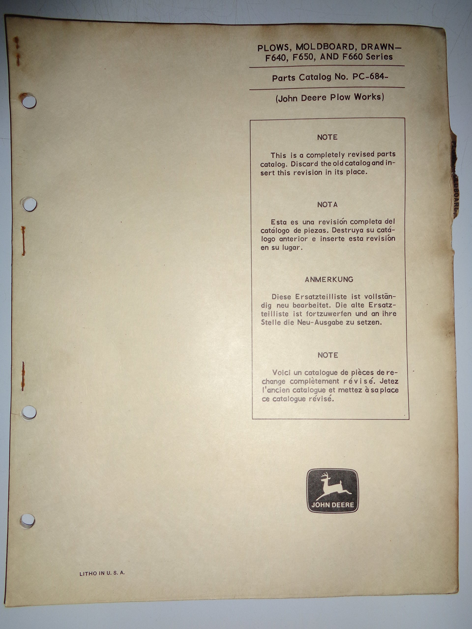 John Deere F640 F650 F660 Drawn Moldboard Plow Parts Catalog Book Manual 9/68  original Staple Bound – 1968