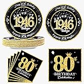 algpty 60 PCS Vintage 80th Birthday Plates and Napkins Set, 80th Birthday Decorations Black and Gold, Service for 30, 1946 Birthday Dessert Plates and Napkins Party Supplies for Men Women