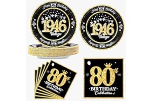 algpty 60 PCS Vintage 1946 Birthday Plates and Napkins Set, 80th Birthday Decorations Black and Gold, Service for 30,80th Bir