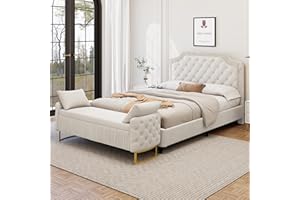 JIVOIT 2 Pieces Bedroom Sets, Queen Size Upholstered Platform Bed with Storage Ottoman Bench, Ruched and Button Tufted Velvet Upholstered Bed Frame, Ottoman Bench with 2 Pillows Ruched (White/Queen Sets)