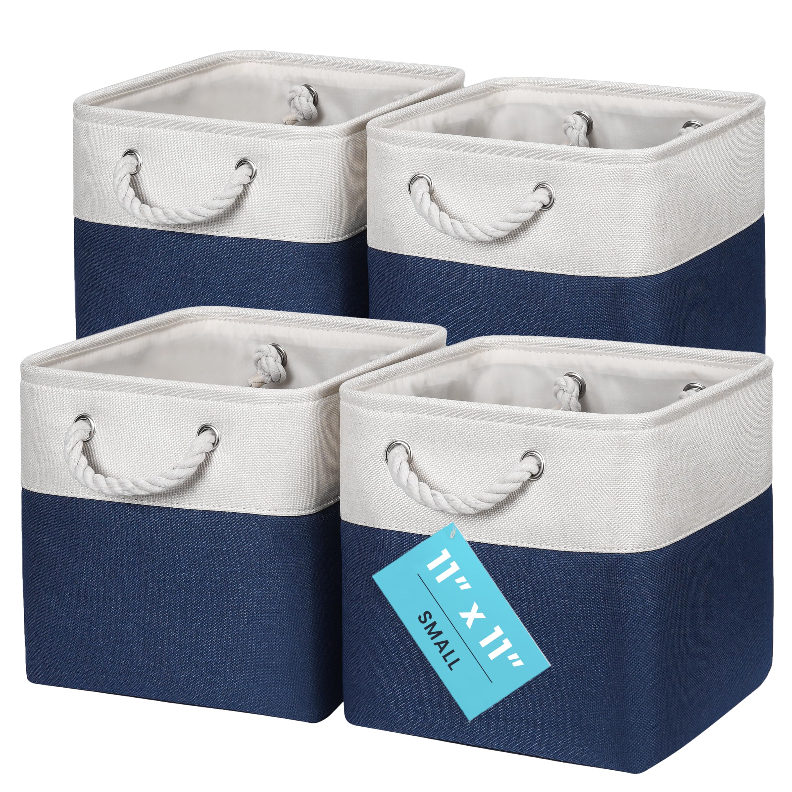 OrganiHaus Fabric Storage Boxes, Set of 4 Foldable 28x28 Cube Organiser Bins with Rope Handles for Shelves, Nursery & Closet, Collapsible Storage Baskets for Toys, Clothes & More - Navy Blue/Off-White
