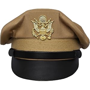 UzairUmair USA Army Crusher Hat, Tan, Cotton, with Gold Metal Insignia and Leather Strap