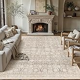 WondRg 8x10 Beige Washable Neutral Area Rug Living Room Floral Non Slip Low Pile Large Rug Vintage Traditional Stain Resistant Distressed Carpet Bedroom Dining Room Office Playroom