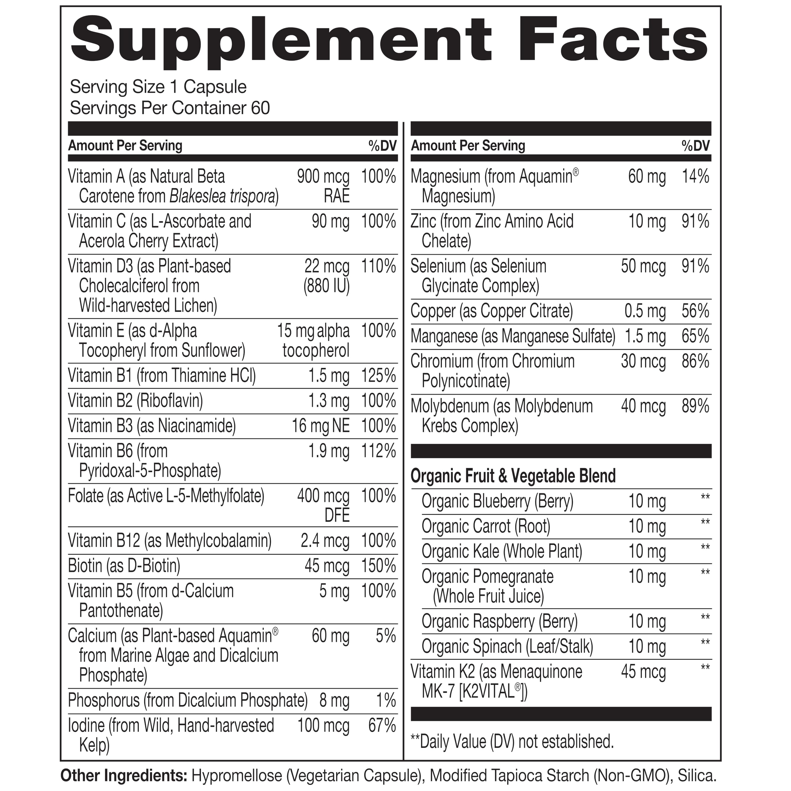 NATURELO One Daily Multivitamin for Women 50+ (Iron Free) - Menopause Support for Women Over 50 - Whole Food Supplement - Non-GMO - No Soy - 60 Capsules - 2 Month Supply