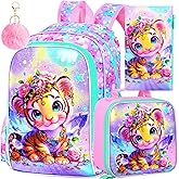 FTJCF 3Pcs Backpack for Girls, 16" Kids Bookbag with Lunch Box，Tiger School Backpacks for Elementary Preschool Kindergarten (Pink)