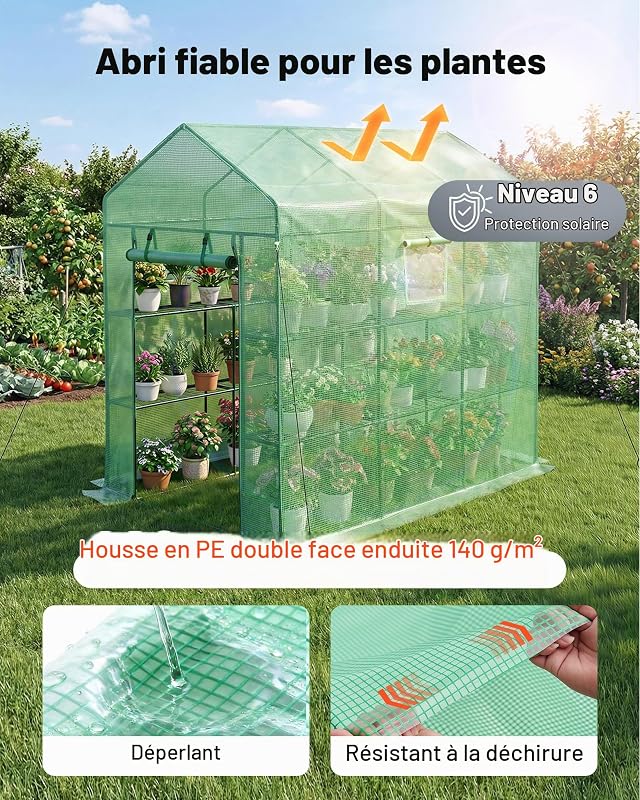 Serre de Jardin avec 14 Étagères 2 Niveaux Serre de Jardin pour Plantes et Fleurs en Pot, avec Bâche en PE, 2 Fenêtres, Porte Zippée Enroulable, Charge par Niveau 15 kg, 137x206x196 cm, Vert