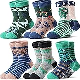 Welwoos Kids Boys Toddlers Fuzzy Slipper Socks with Grips Non Slip Warm Fluffy Winter Thick Fun Cozy Hospital Socks 6 Pairs