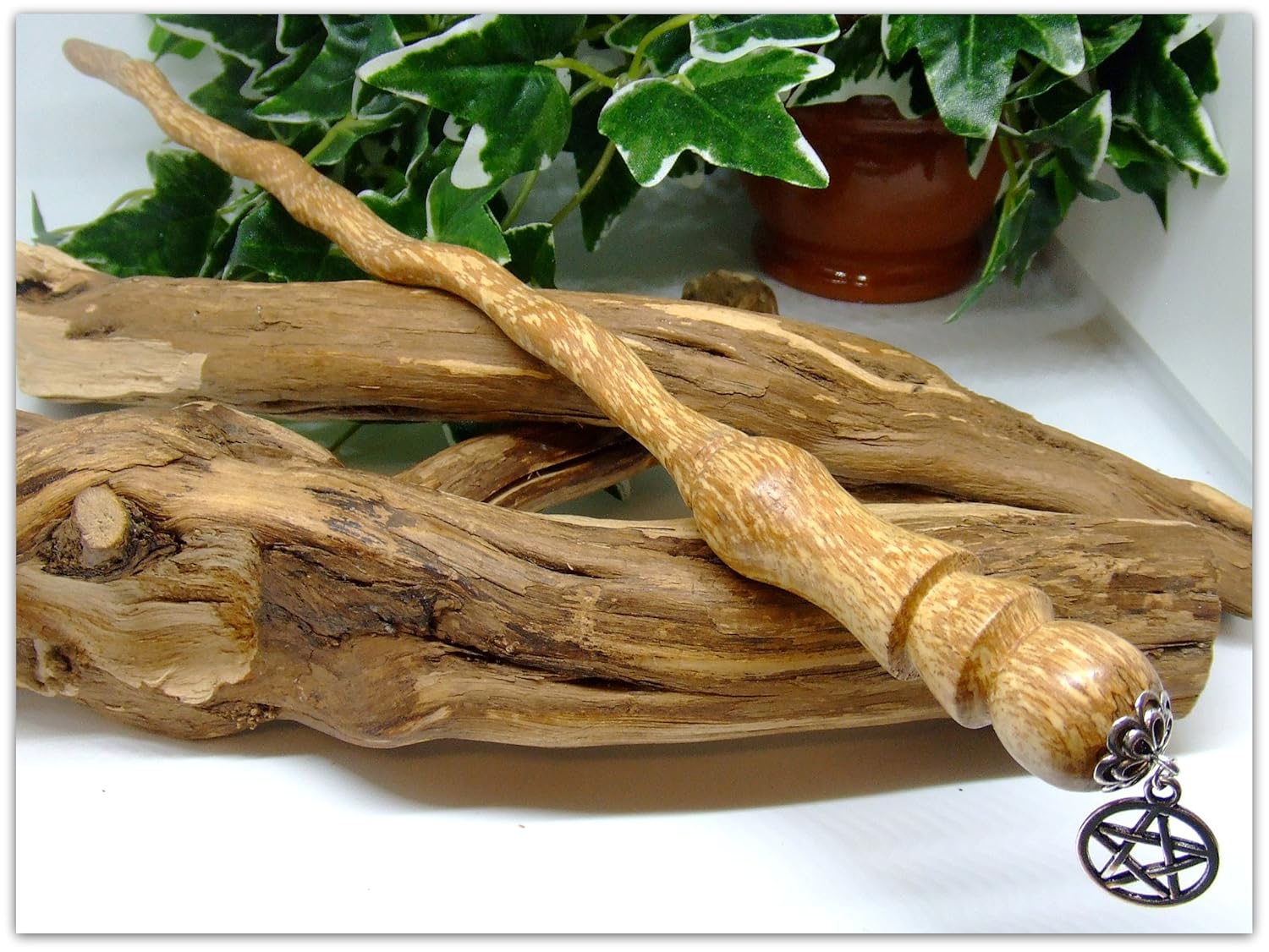 12 5 Witches Spiral Wand Handcrafted In Spalted Beech Wood With Tibetan Silver Pentagram Pagan Wicca Ritual Witchcraft Amazon Ca Handmade