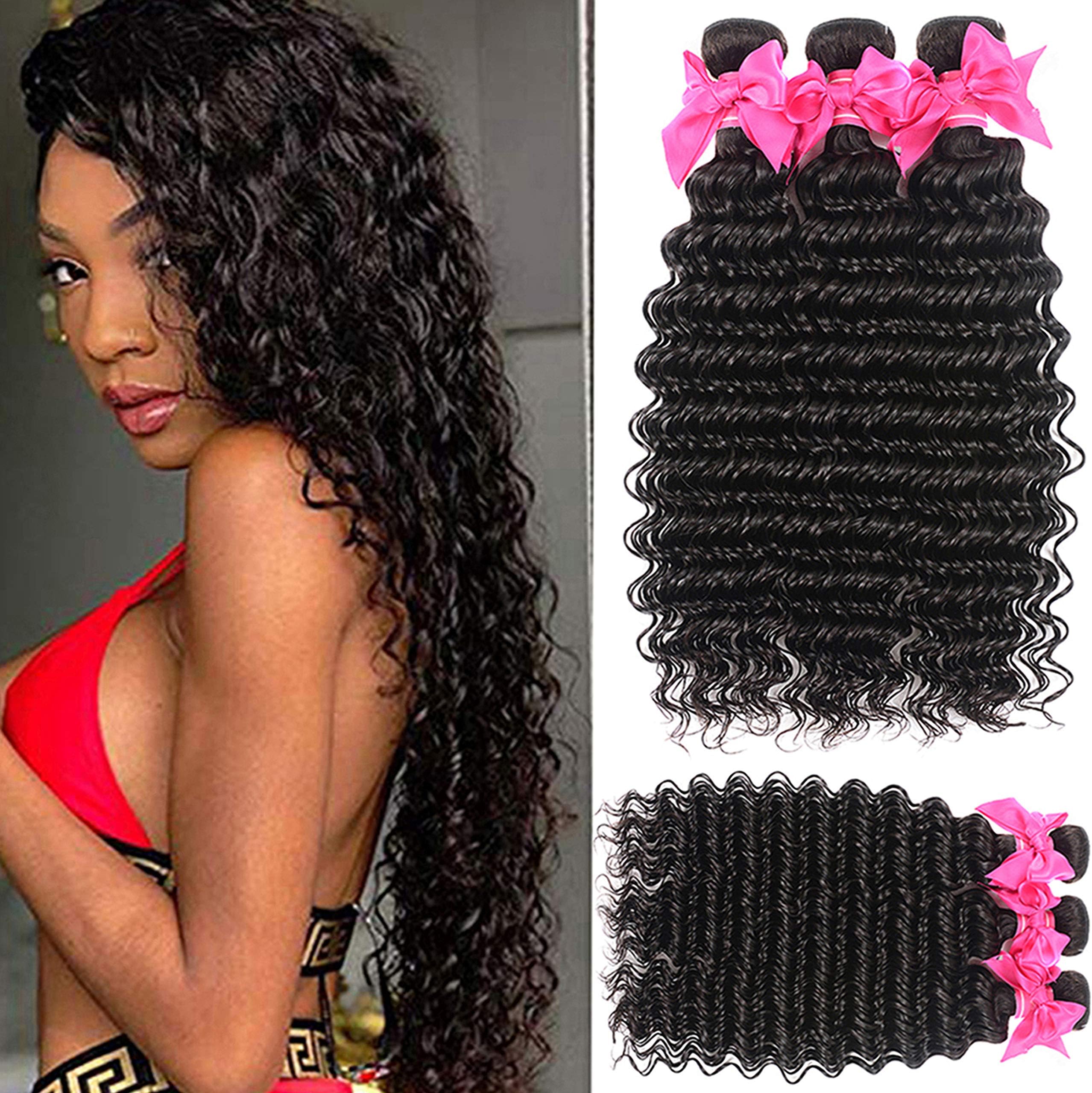 Deep Wave 3 Bundles (8 8 8) 9A Grade 100% Unprocessed Virgin Remy Brazilian Human Hair Extension Deep Wave Bundles Natural Color Can Be Dyed and Bleached