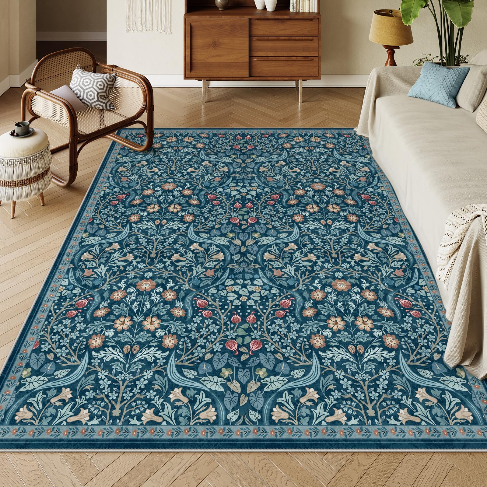 Moynesa Floral Washable 8x10 Rug, Large Area Rugs for Living Room, Soft 8 x 10 Boho Bedroom Rugs, Non Slip Botanical Ultra Thin Floor Carpet for Dining Room Nursery, Teal