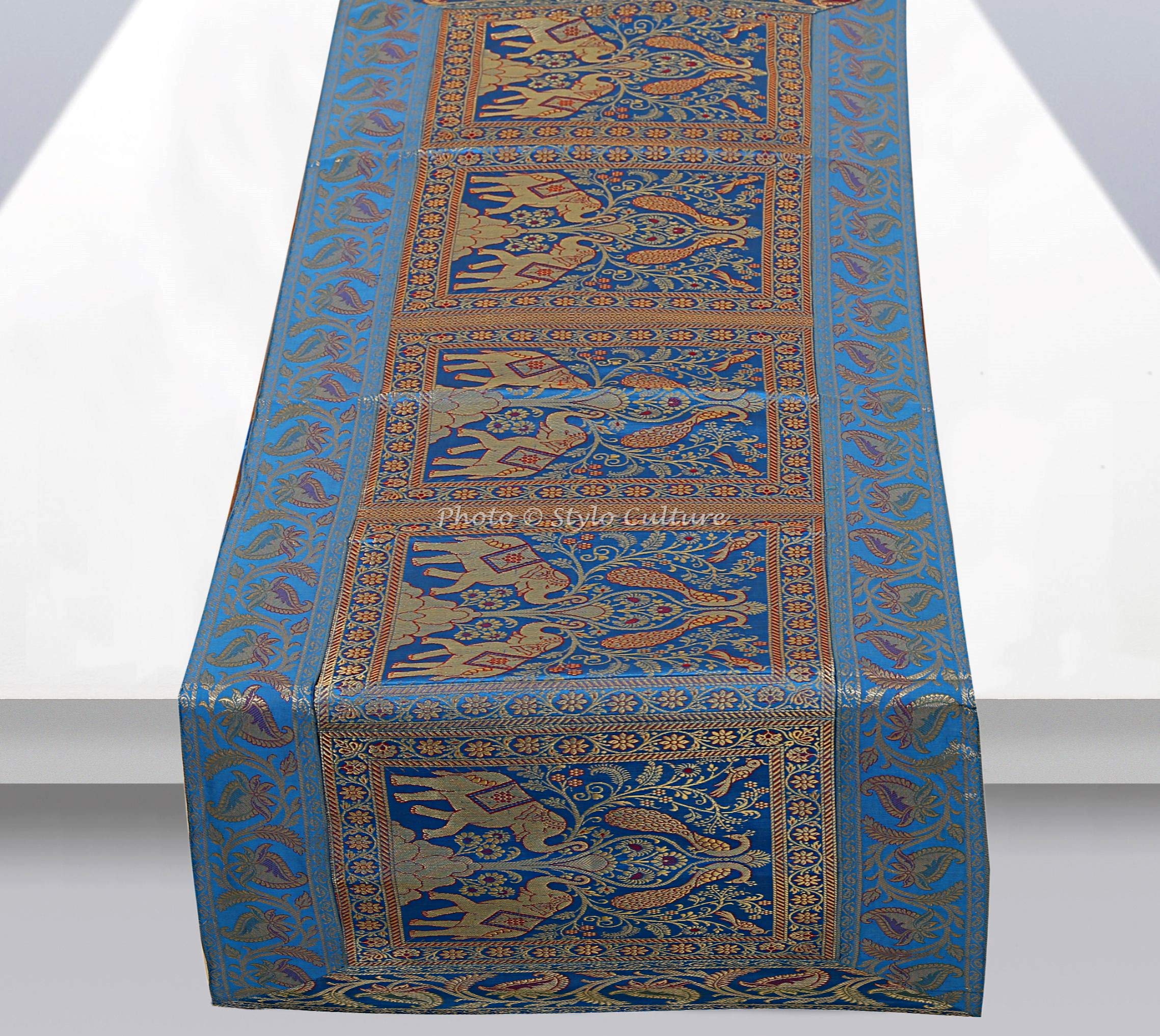 Stylo Culture Indian Centre Table Runner For Dining Table Turquoise Brocade Jacquard & Satin Boho Decor Elephant Peacock Extra Long Ethnic Table Decor | 60x16 Inches ( 152 x 40 cm)