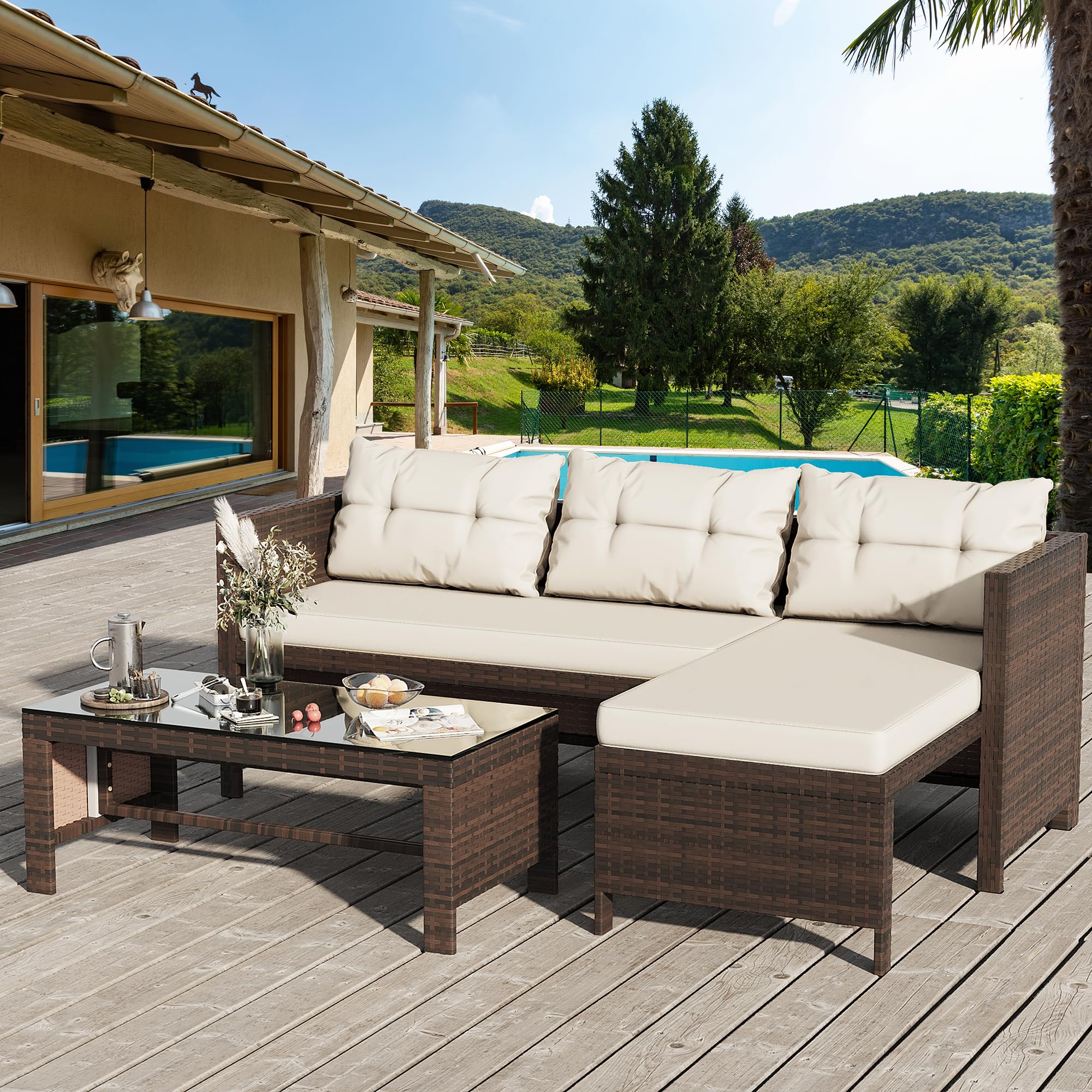 Photo 1 of Shintenchi Outdoor Patio Furniture Sets, Wicker Patio sectional Sets 3-Piece, All Weather Wicker Rattan Patio Seating Sofas with Glass Coffee Table and Cushion (Beige)